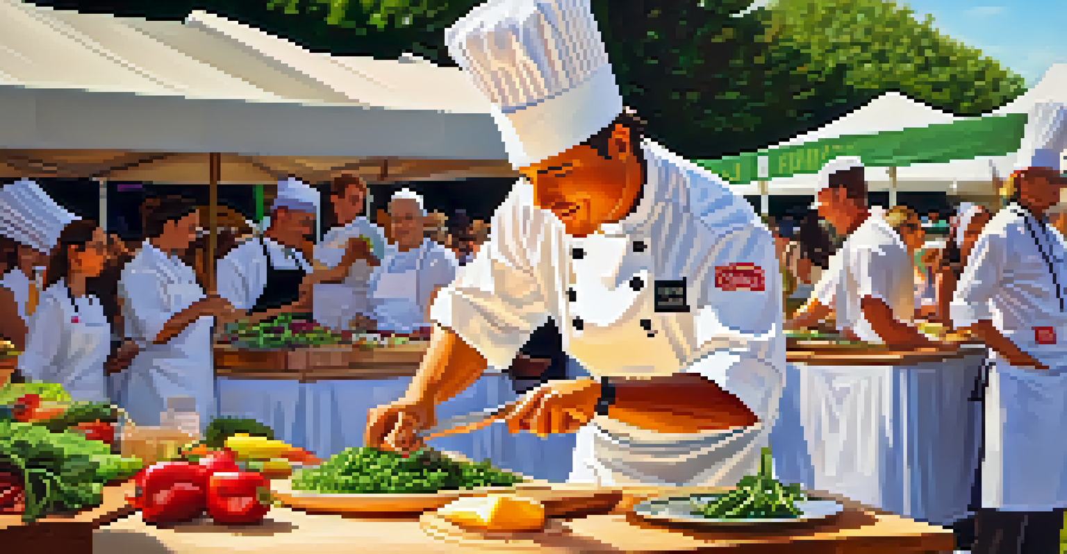 A chef preparing a gourmet dish with fresh vegetables at a lively food festival.