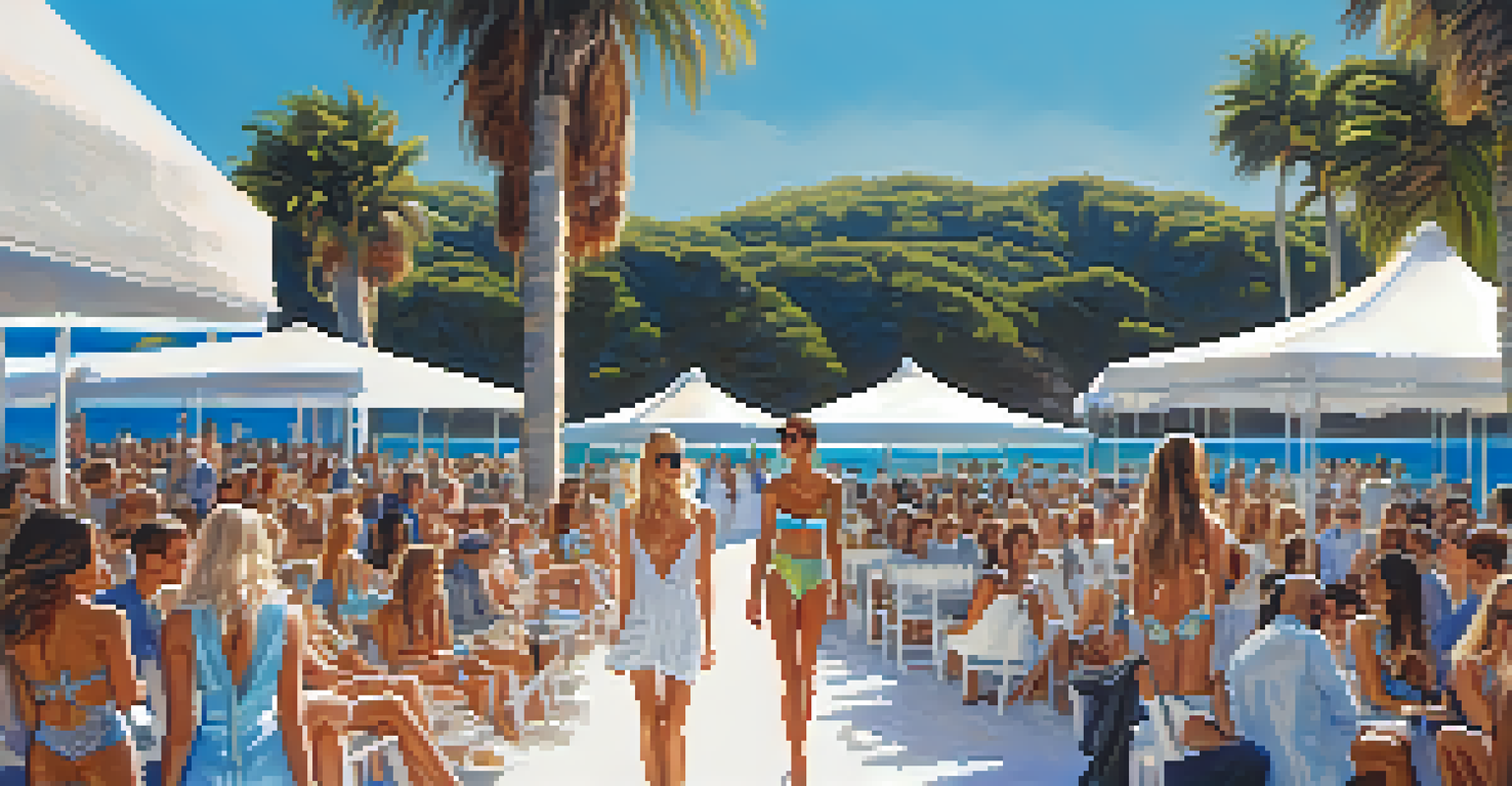 An outdoor fashion event in Malibu with models in sustainable swimwear and palm trees in the background.