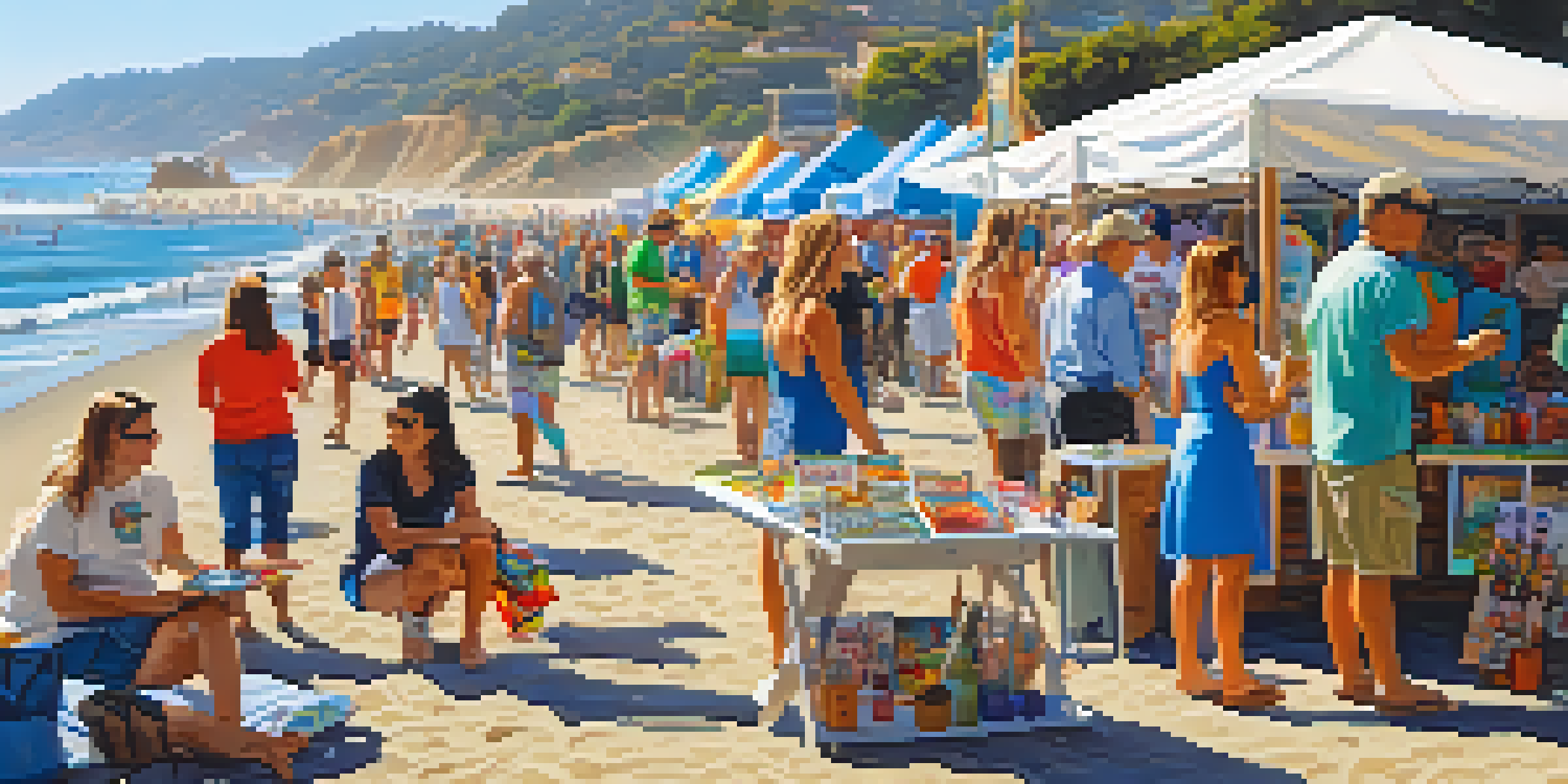 A colorful beachfront scene at the Malibu Arts Festival with artists displaying their work and visitors interacting with them.
