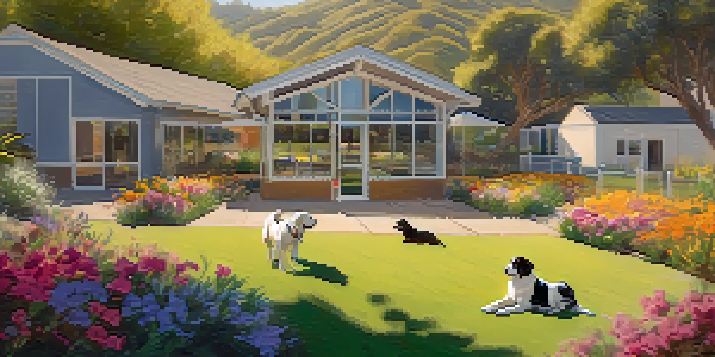 A cheerful outdoor scene at a Malibu animal shelter with dogs playing in a grassy yard, volunteers interacting with them, and a colorful shelter building in the background.