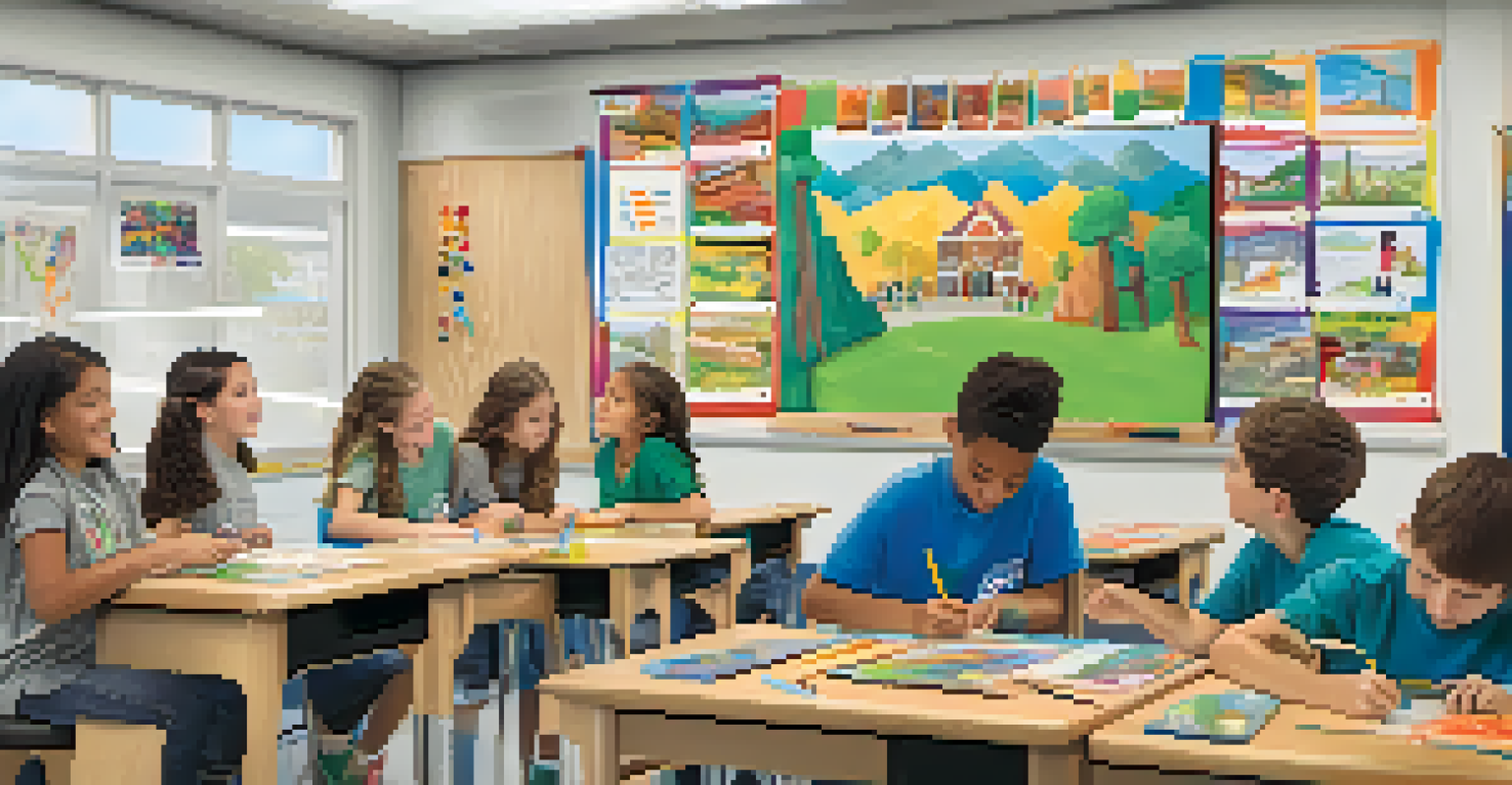 A lively classroom in Malibu with students engaged in a learning activity, surrounded by art supplies and educational materials.