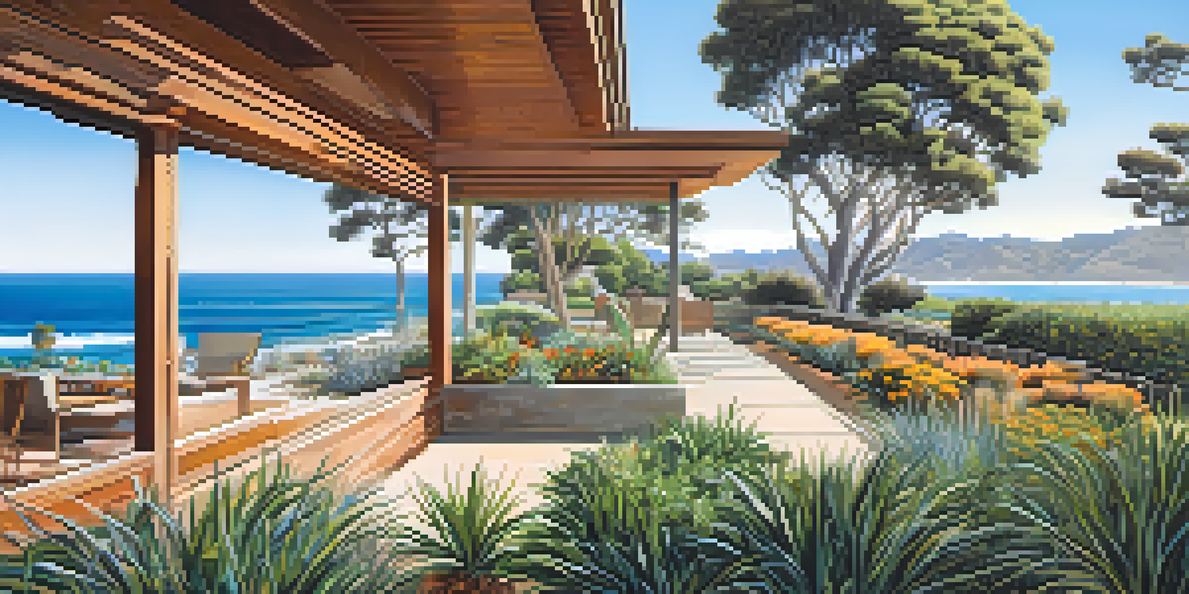 A scenic view of Malibu's coastline featuring drought-resistant landscaping and celebrity homes against a clear blue sky.