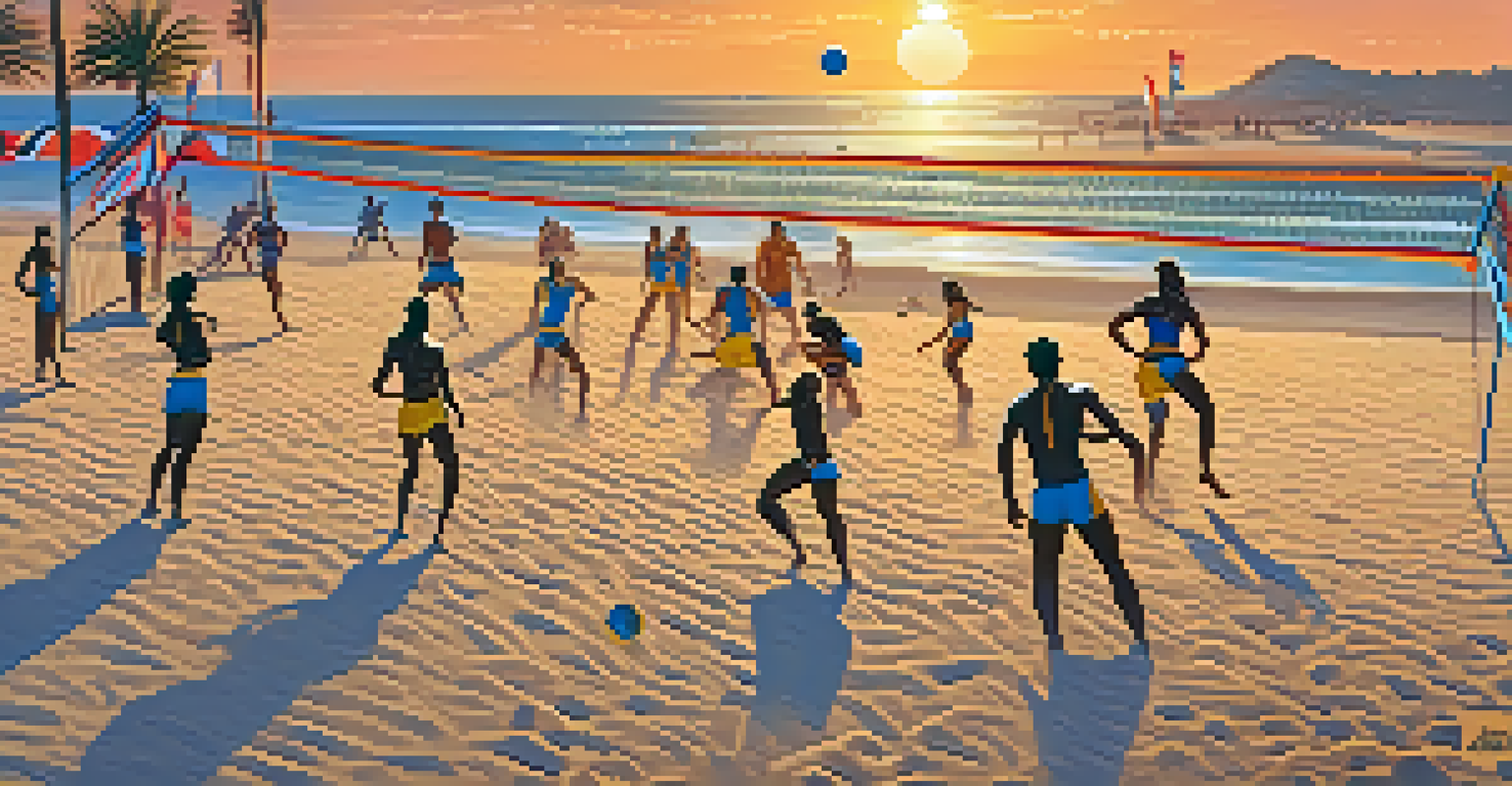 A beach volleyball on the sand, with teams playing in the background and a beautiful sunset illuminating the scene.