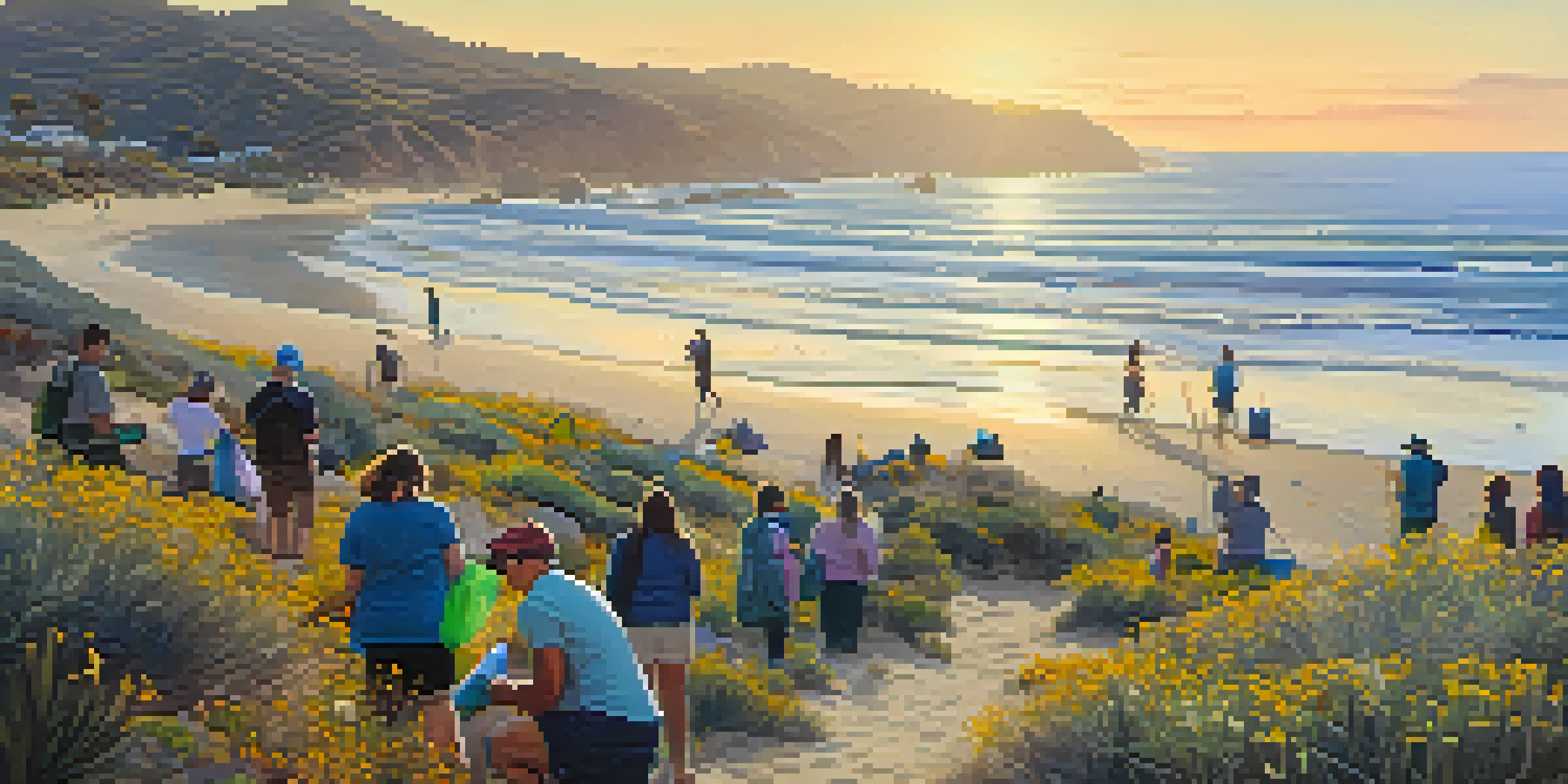 A beautiful sunset over Malibu beach with people participating in a beach cleanup, surrounded by colorful local flora.