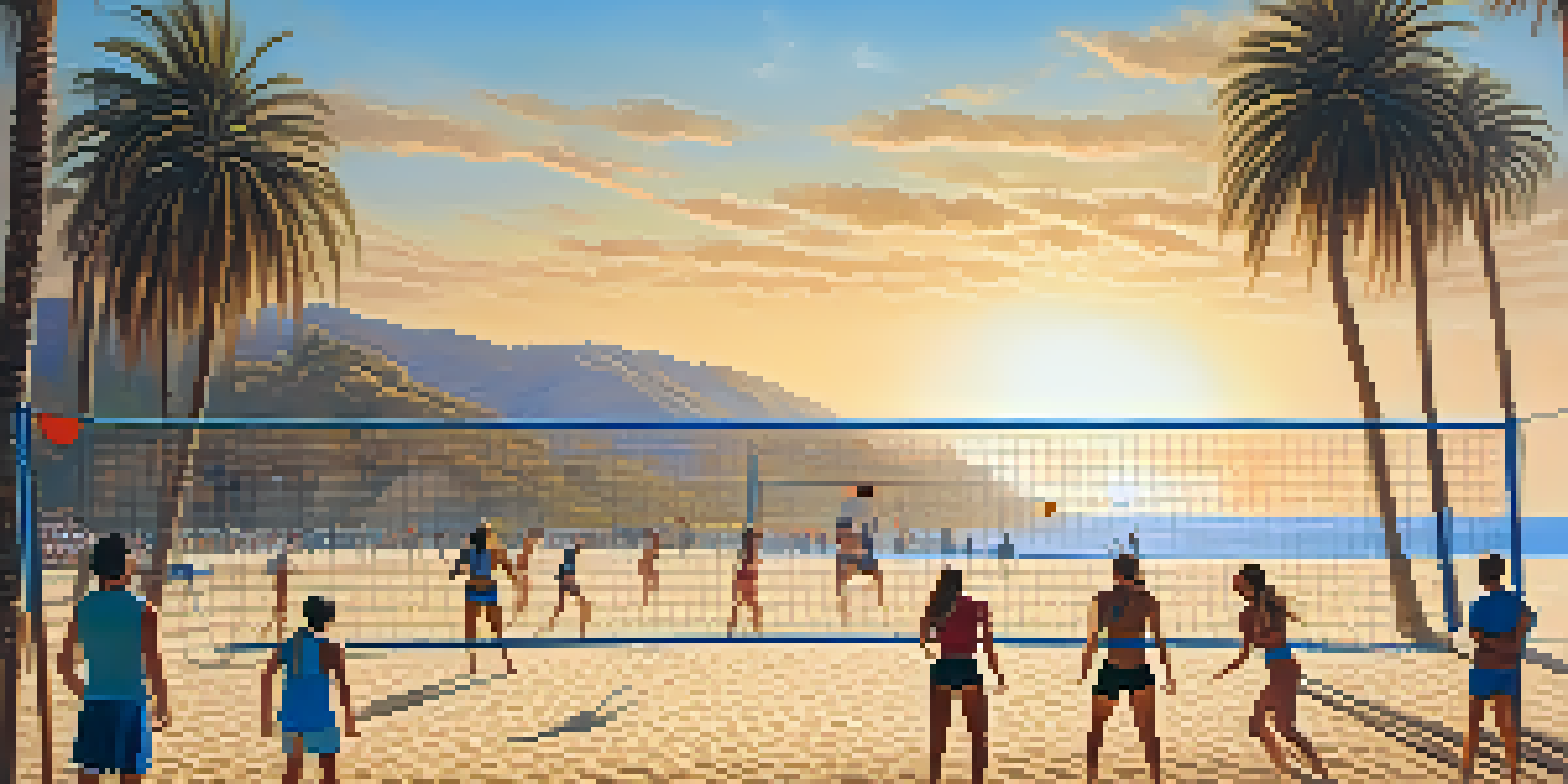 A colorful beach volleyball game taking place in Malibu, with players of different backgrounds competing against each other on a sunny day.