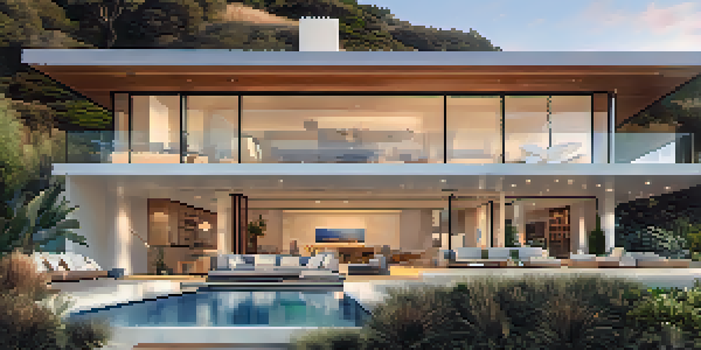 A modern coastal home in Malibu with large windows and a wooden deck, set against a sunset over the ocean.