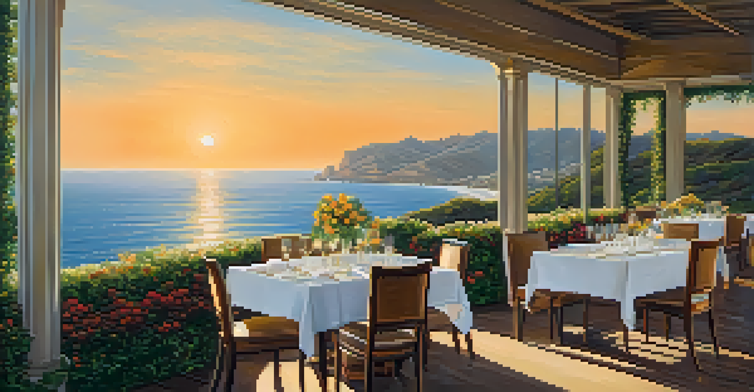 An outdoor dining scene at Geoffrey's Malibu during sunset, with a beautifully set table overlooking the ocean.