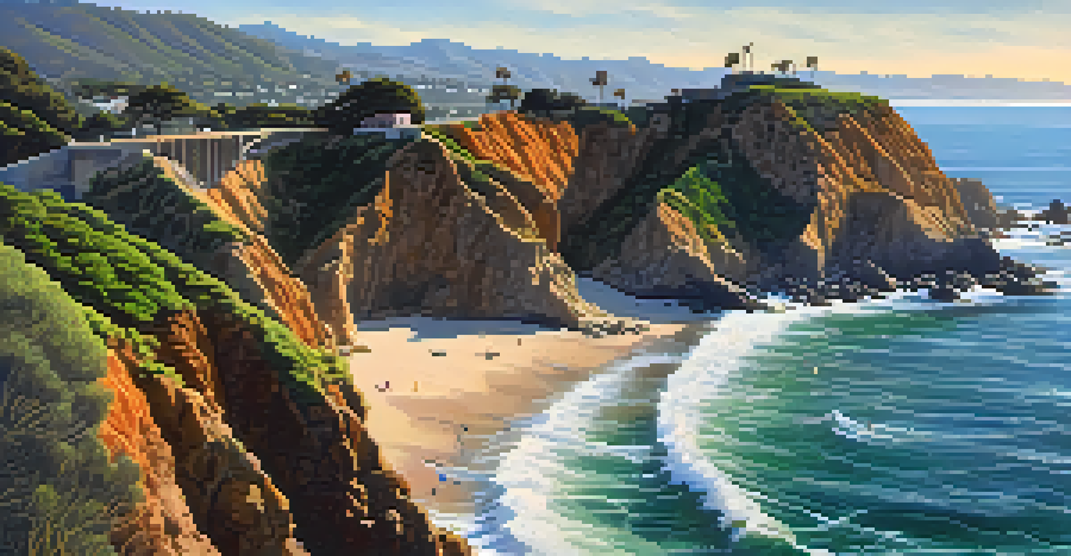 A lone surfer catching a wave at Point Dume, with cliffs and greenery in the background.