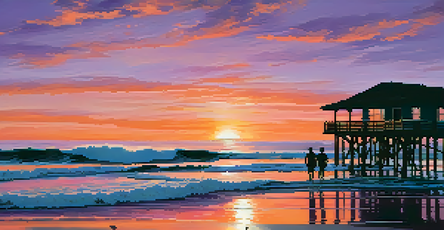 A sunset view at Malibu Pier with families and surfers, showcasing a vibrant sky filled with orange and pink hues.