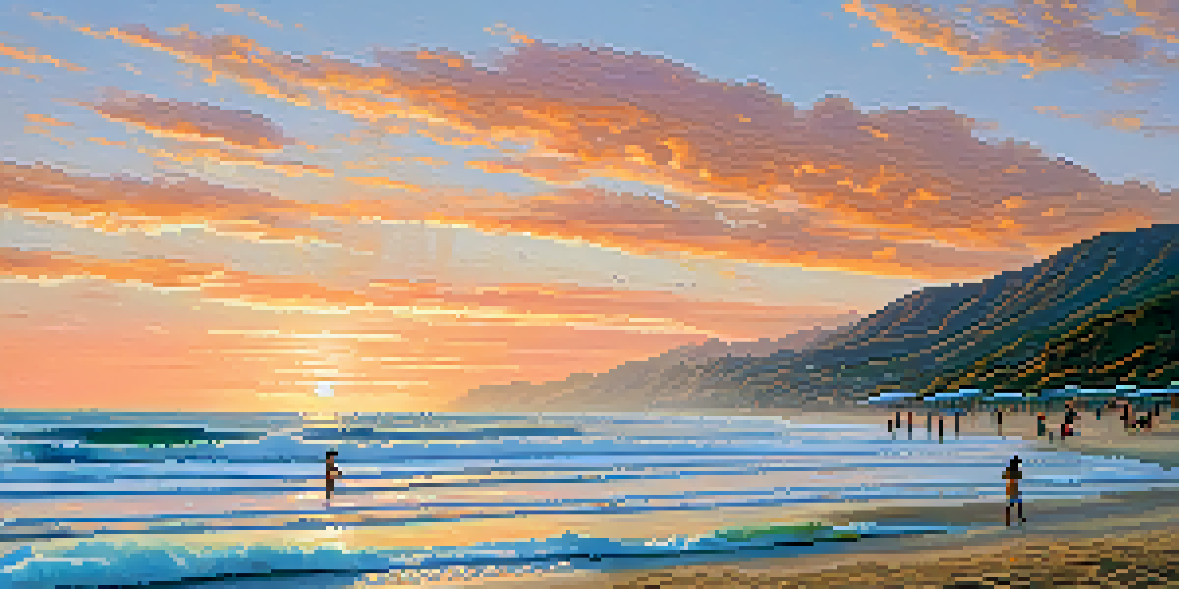 A sunset view of Zuma Beach in Malibu with families enjoying the beach and colorful sky.