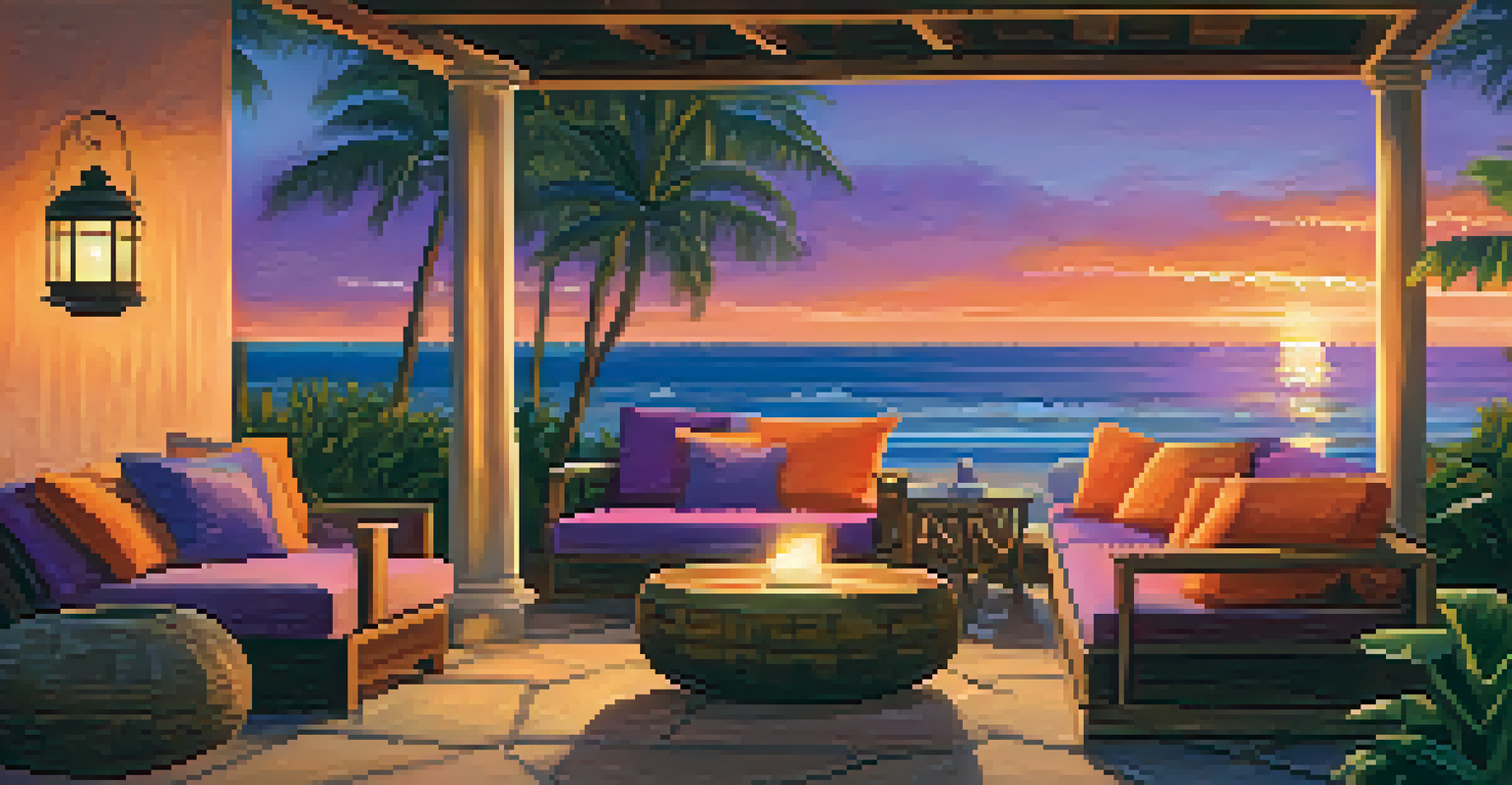 A cozy beachside wellness retreat at sunset, featuring comfortable seating and beautiful tropical plants.