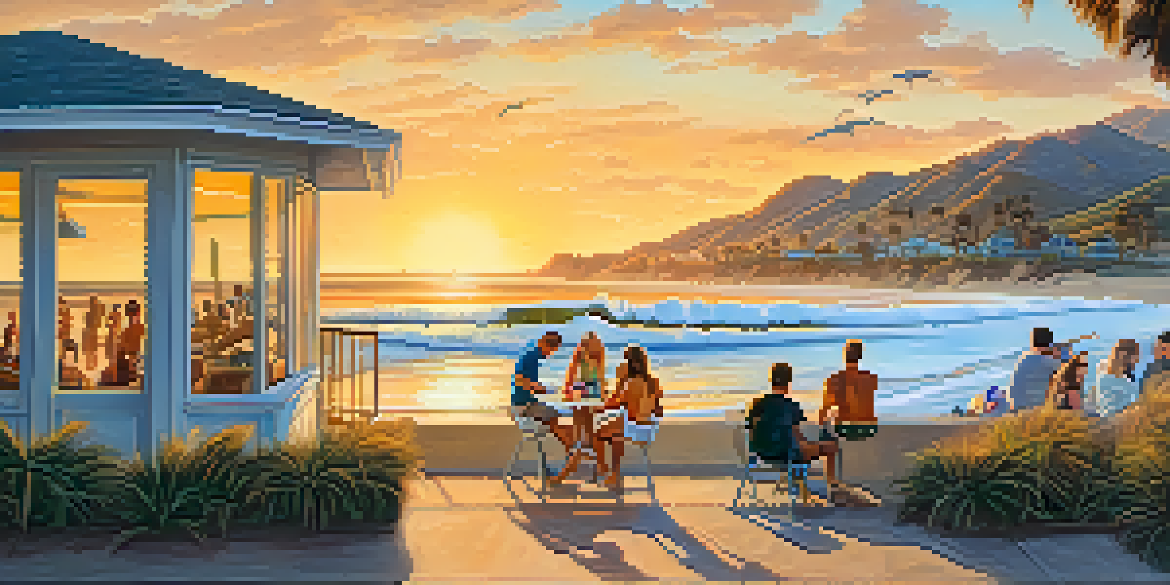 A colorful mural depicting marine life and coastal landscapes in Malibu, with surfers and beachgoers in front, and a sunset in the background.