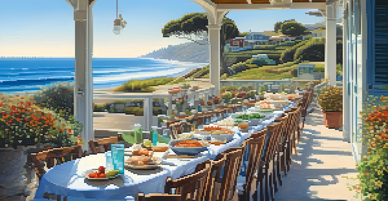 An outdoor dining scene at Malibu Farm with delicious food, a dog resting by its owner's feet, and a beautiful ocean view.