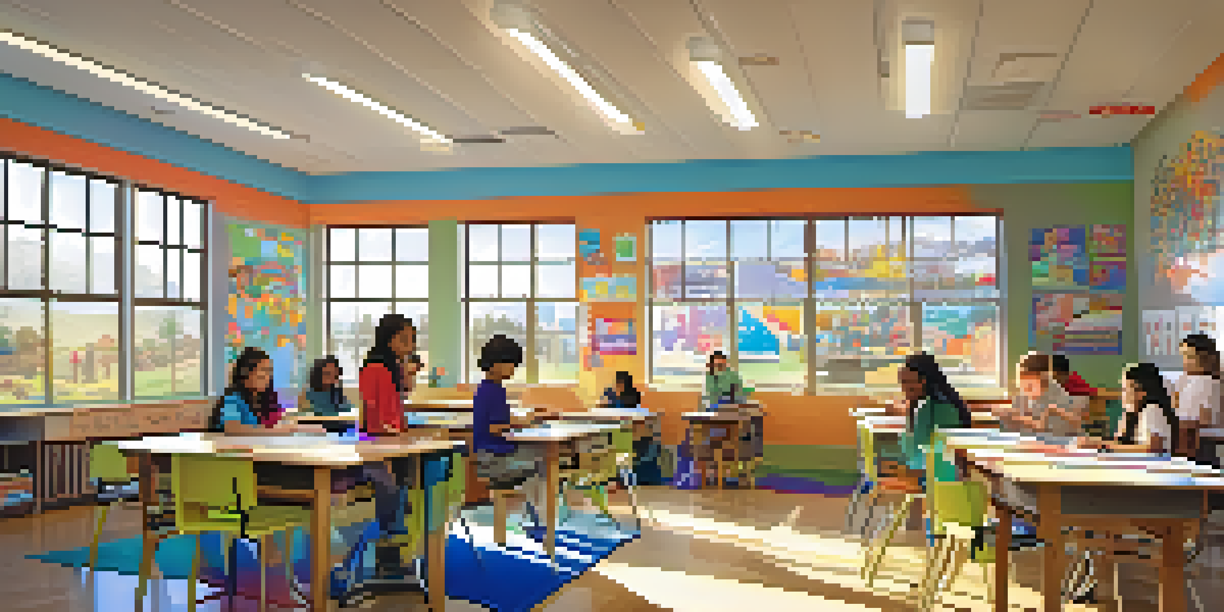 A lively classroom in Malibu with students collaborating on projects, surrounded by art supplies and technology, illuminated by sunlight.
