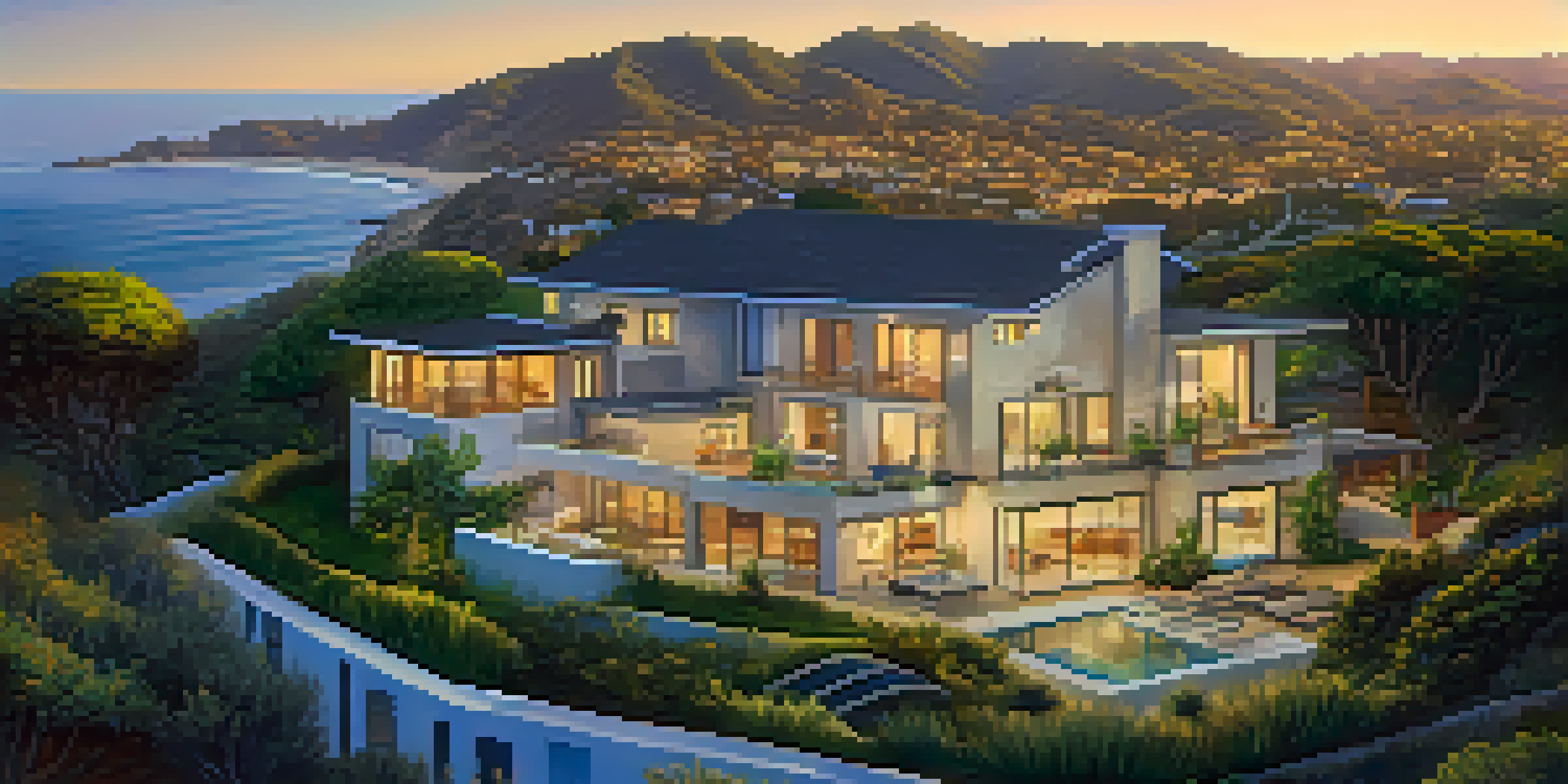 An aerial view of eco-friendly homes in Malibu, showing solar panels and green roofs against a sunset backdrop.