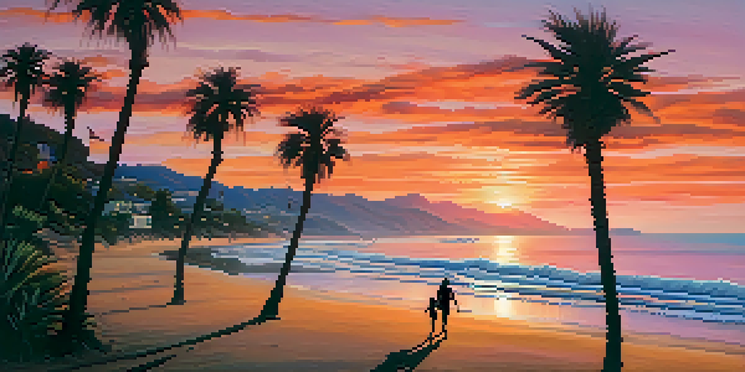 A beautiful sunset at Malibu beach, with orange and pink colors in the sky and a couple walking on the sandy shore.