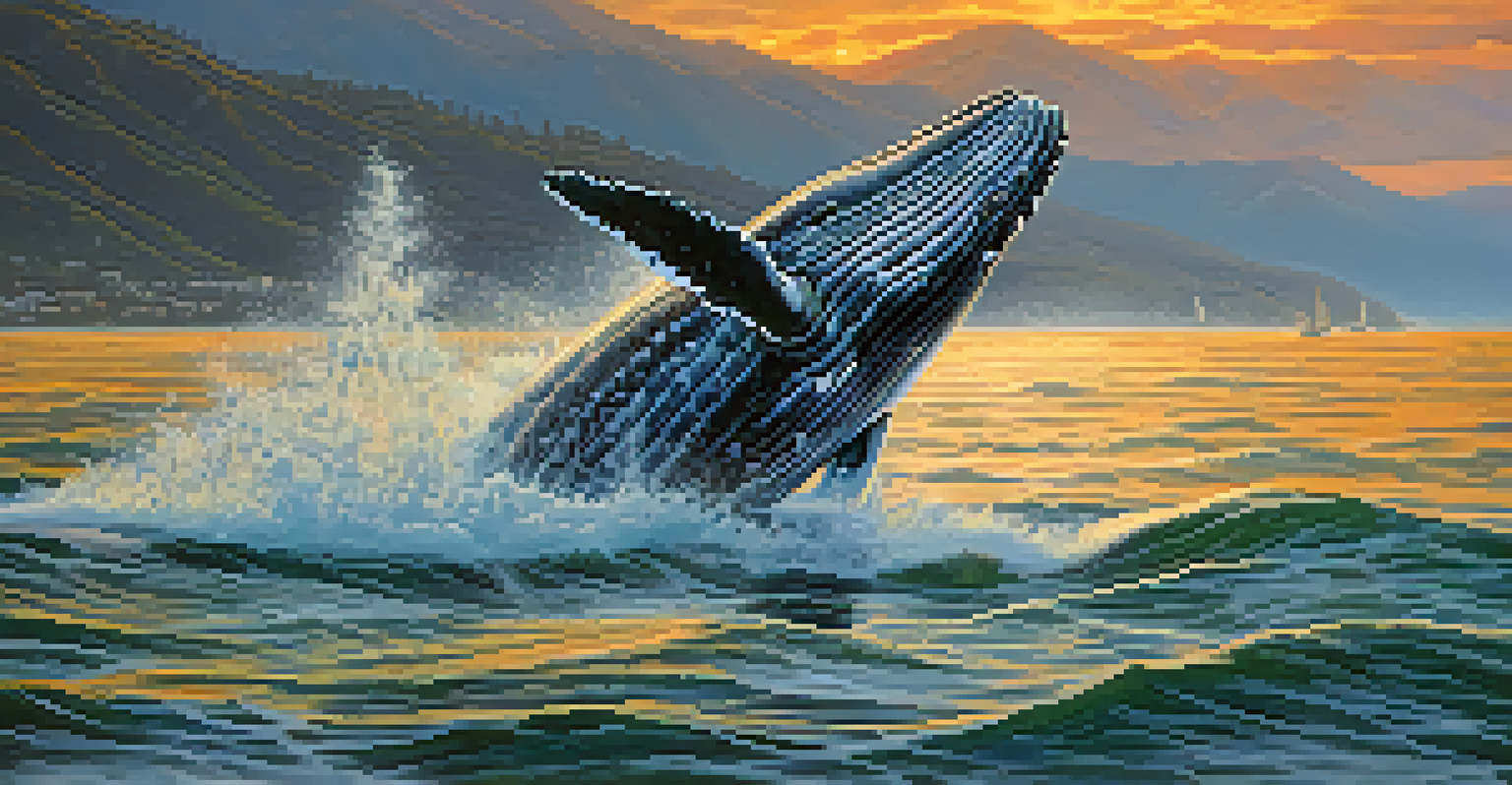 A gray whale breaching the ocean surface at sunset, with splashes of water and a colorful sky in the background.
