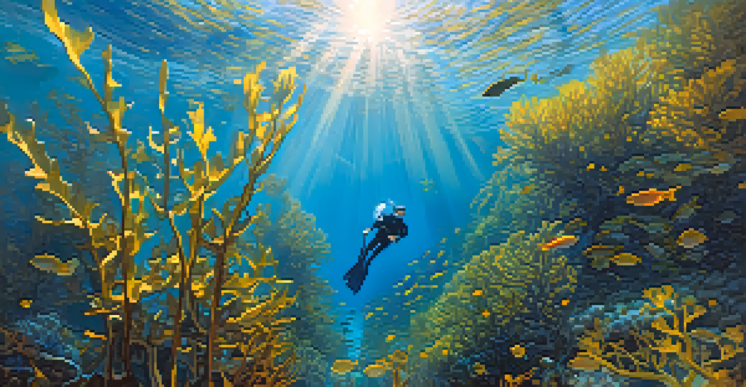 A vibrant kelp forest underwater off the coast of Malibu, with sunlight filtering through and fish swimming among the kelp.
