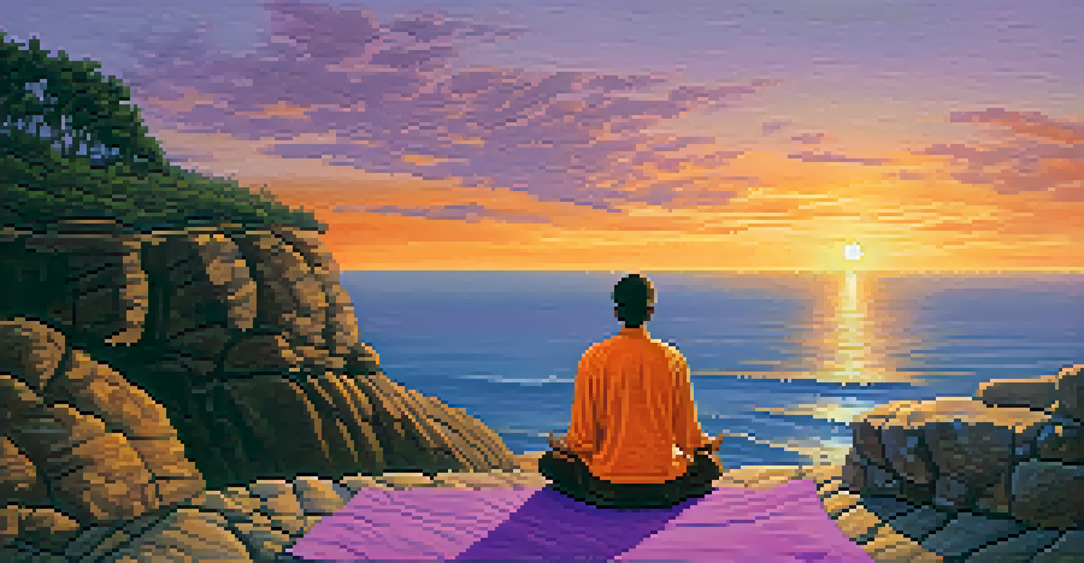A person meditating on a cliff at sunset, with the ocean in the background and colorful sky.