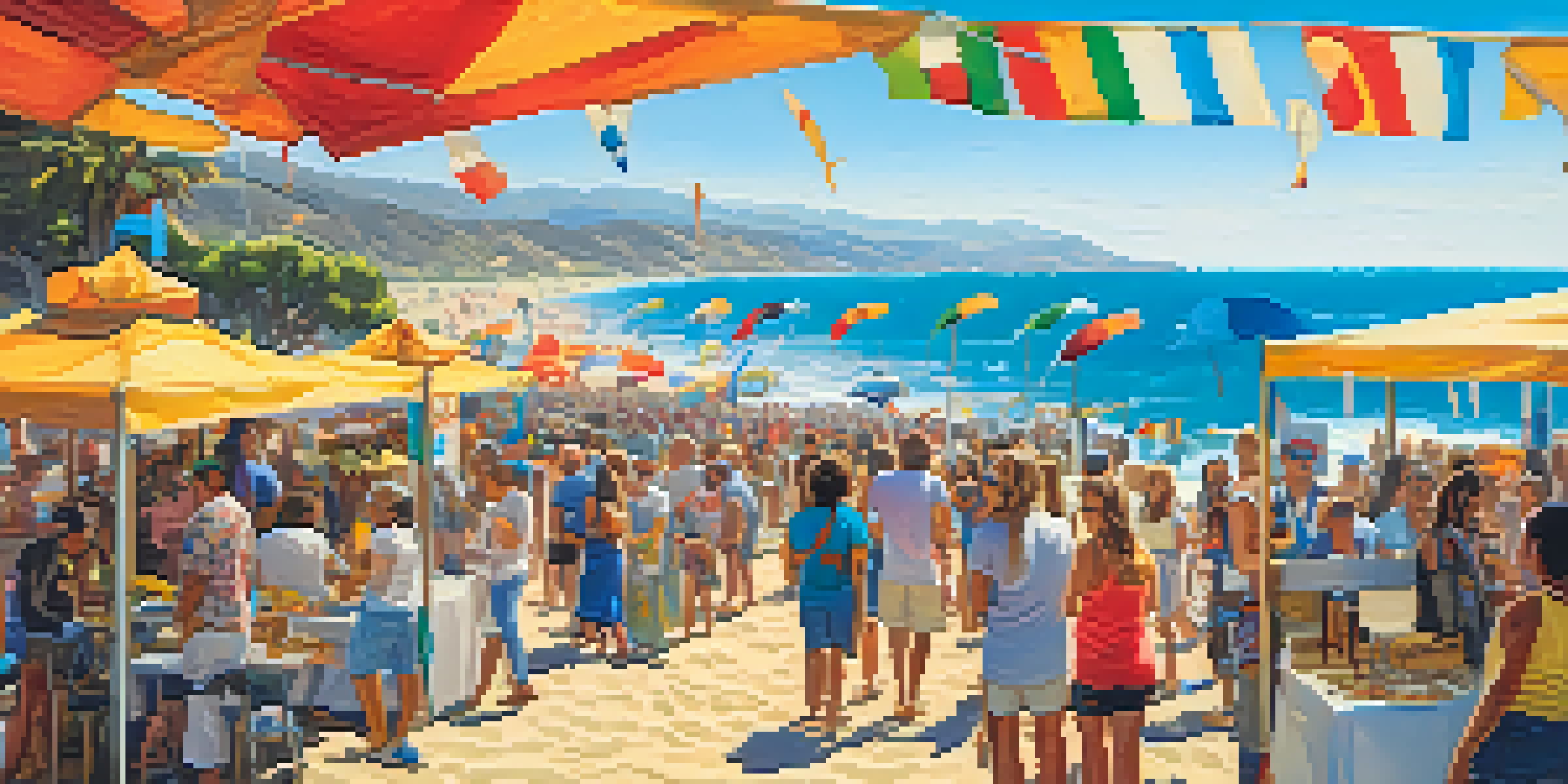 An art festival in Malibu with local artists displaying colorful artworks and an audience engaging in the event, set against a beautiful beach backdrop.
