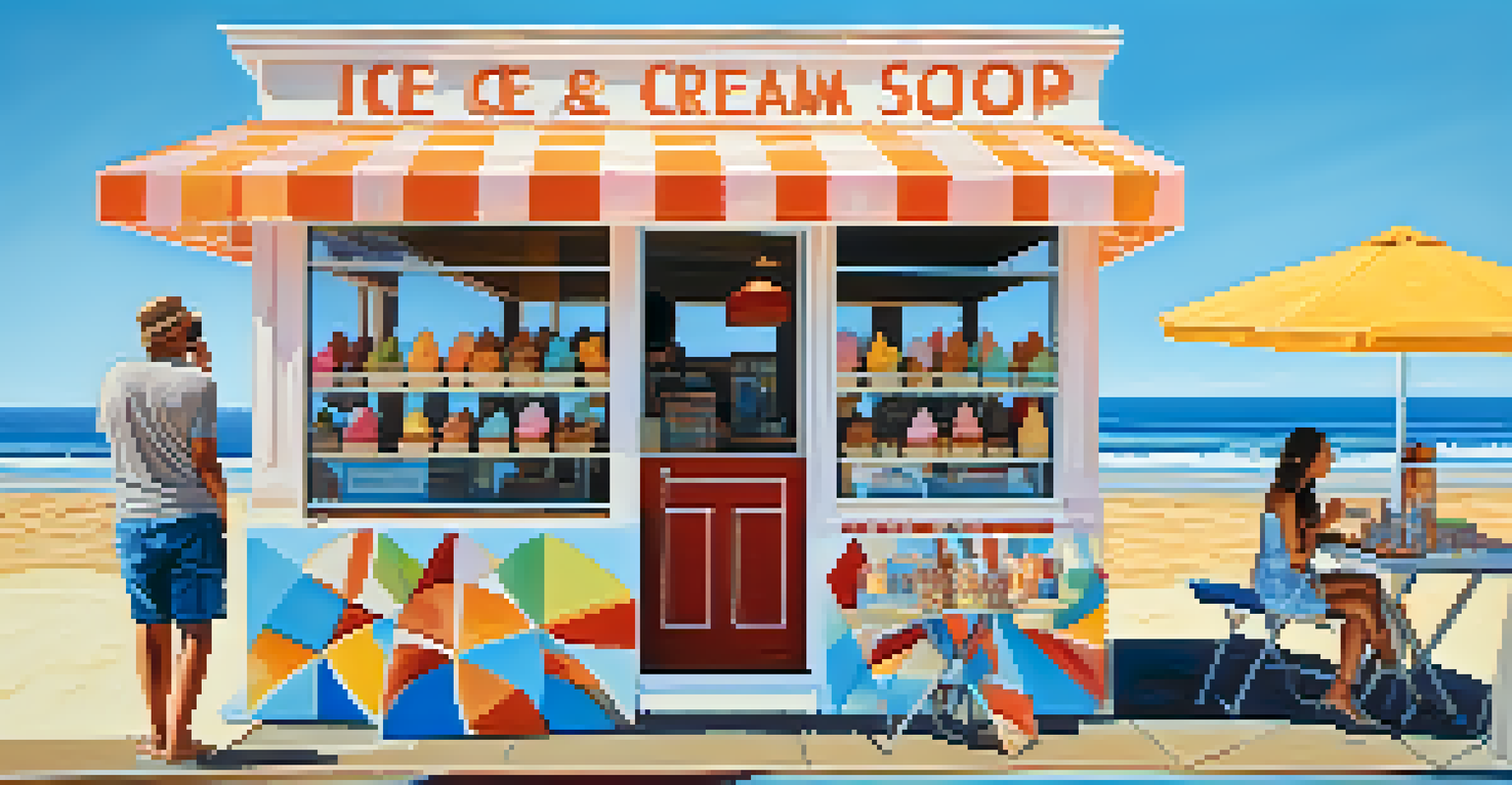 A customer savoring an ice cream cone by the beach, with various ice cream flavors displayed in the shop.