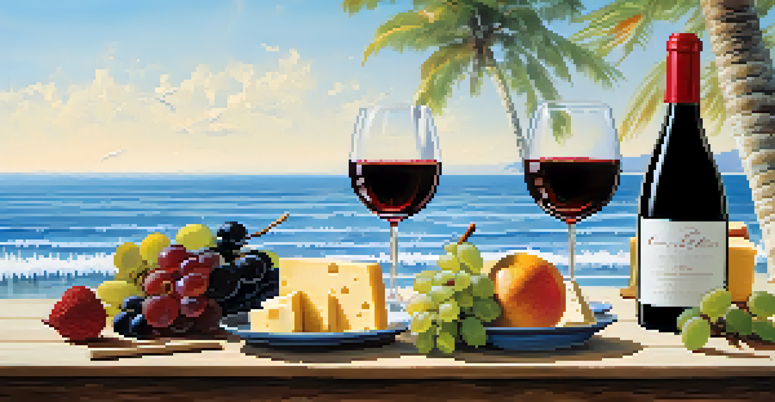 A wine tasting setup with glasses of wine and a cheese platter, overlooking the ocean with palm trees in the background.