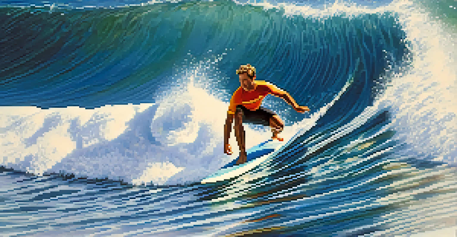 A surfer skillfully riding a wave at Malibu, performing a maneuver on a colorful surfboard, with sunlight shimmering on the ocean.