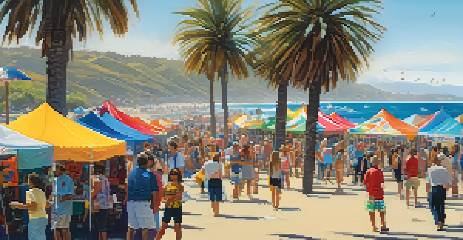 A lively art festival in Malibu with colorful artworks, people admiring art, and ocean waves in the background.