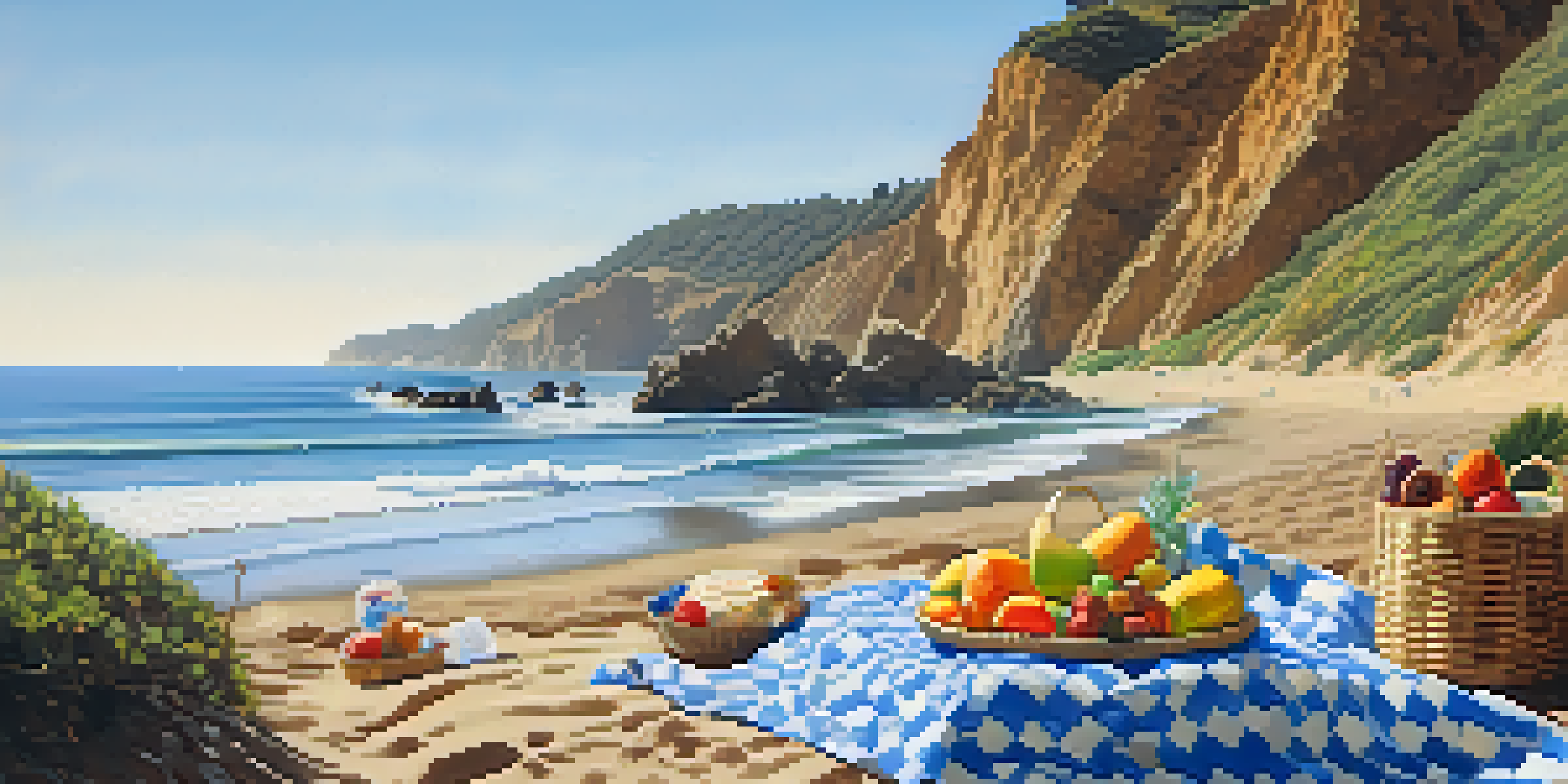A picnic setup on the beach with a blanket and basket, ocean waves in the background.