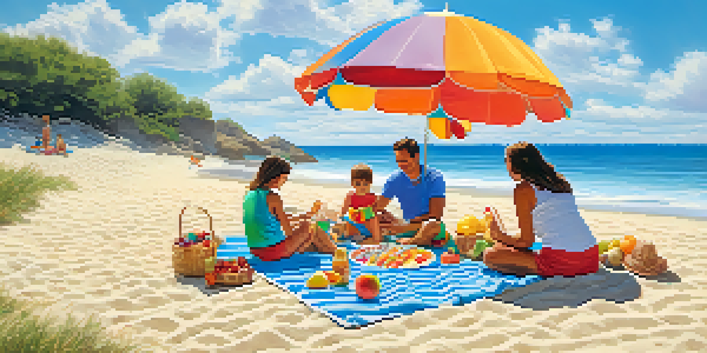 A family relaxing on a beach under a colorful umbrella, with a picnic spread on a towel and a child playing with a beach ball.