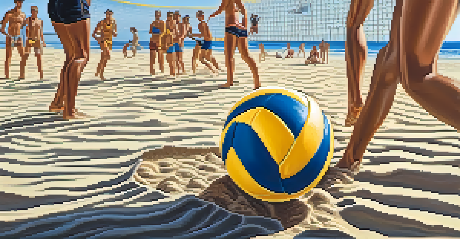 A beach volleyball in the sand surrounded by footprints, with players in motion in the background.