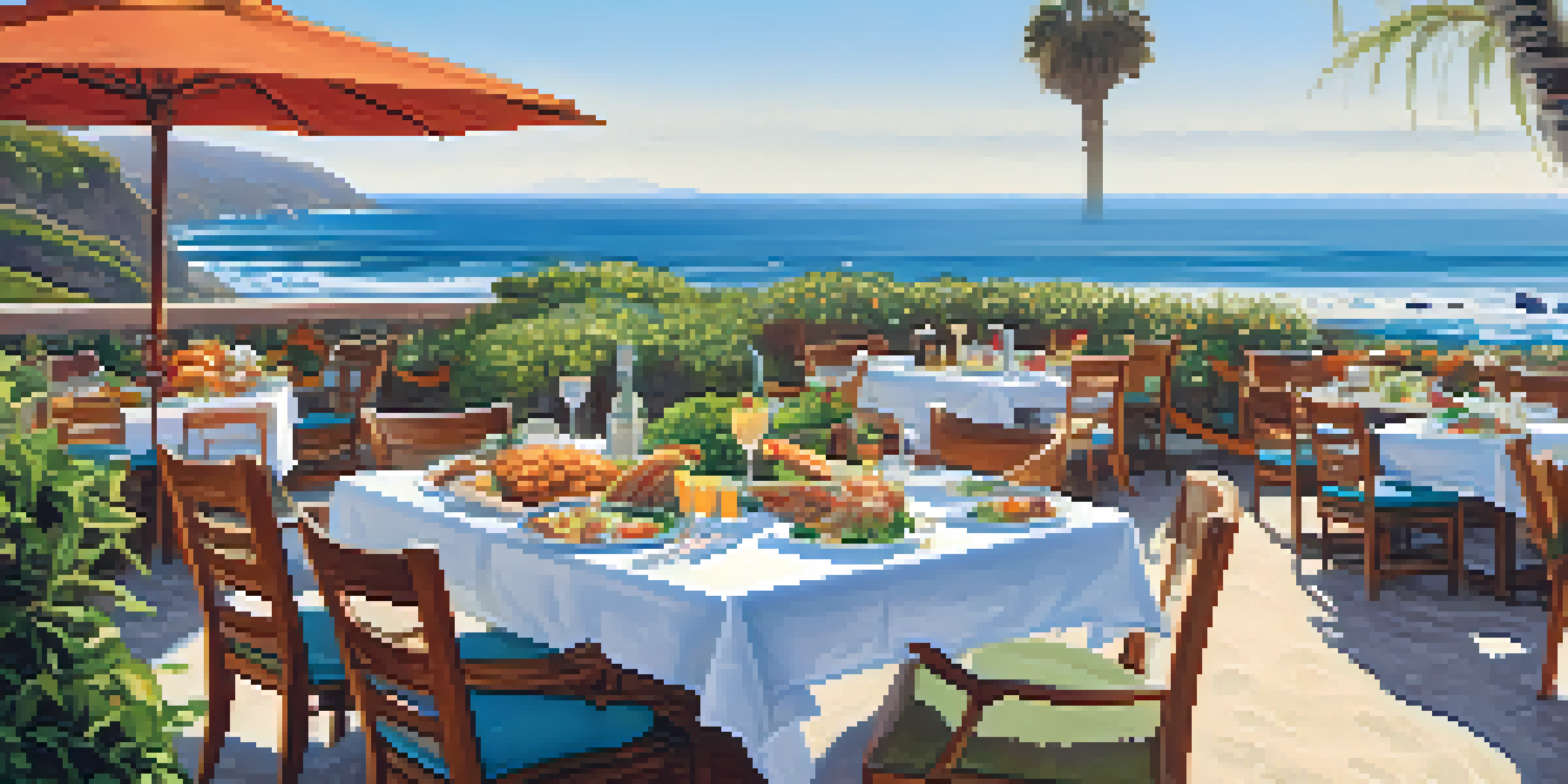An outdoor dining setup in Malibu with a table full of fresh local dishes and ocean waves in the background.