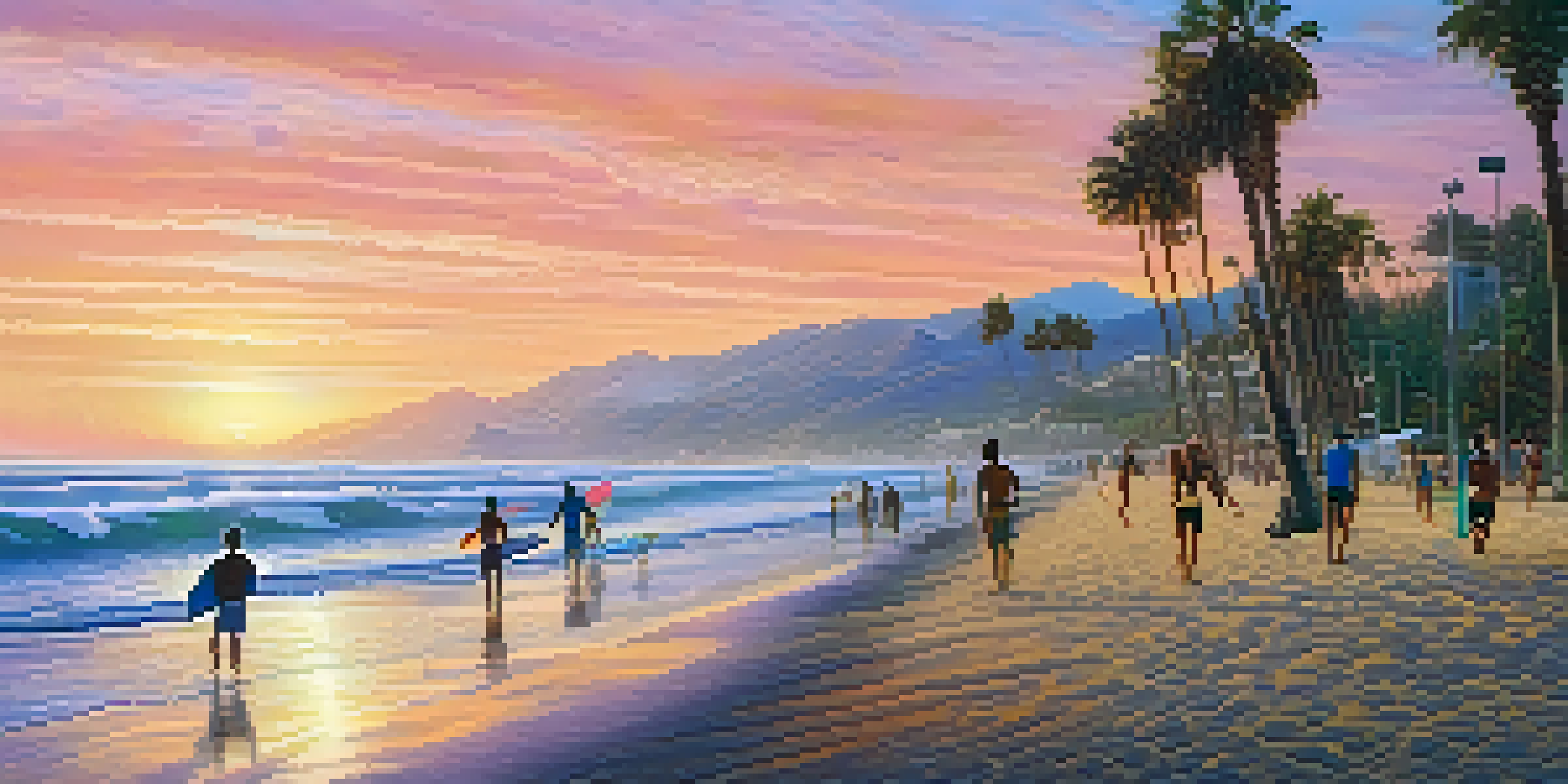 A picturesque Malibu beach at sunrise with people enjoying various activities like paddleboarding and volleyball, framed by palm trees and a colorful sky.