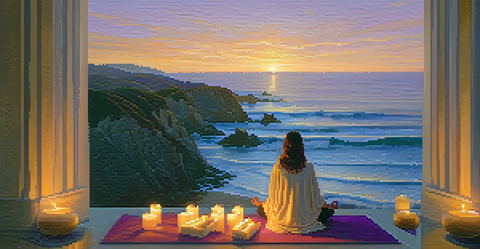 A person meditating on a cliff at sunset, surrounded by candles and cushions, with a view of the ocean.
