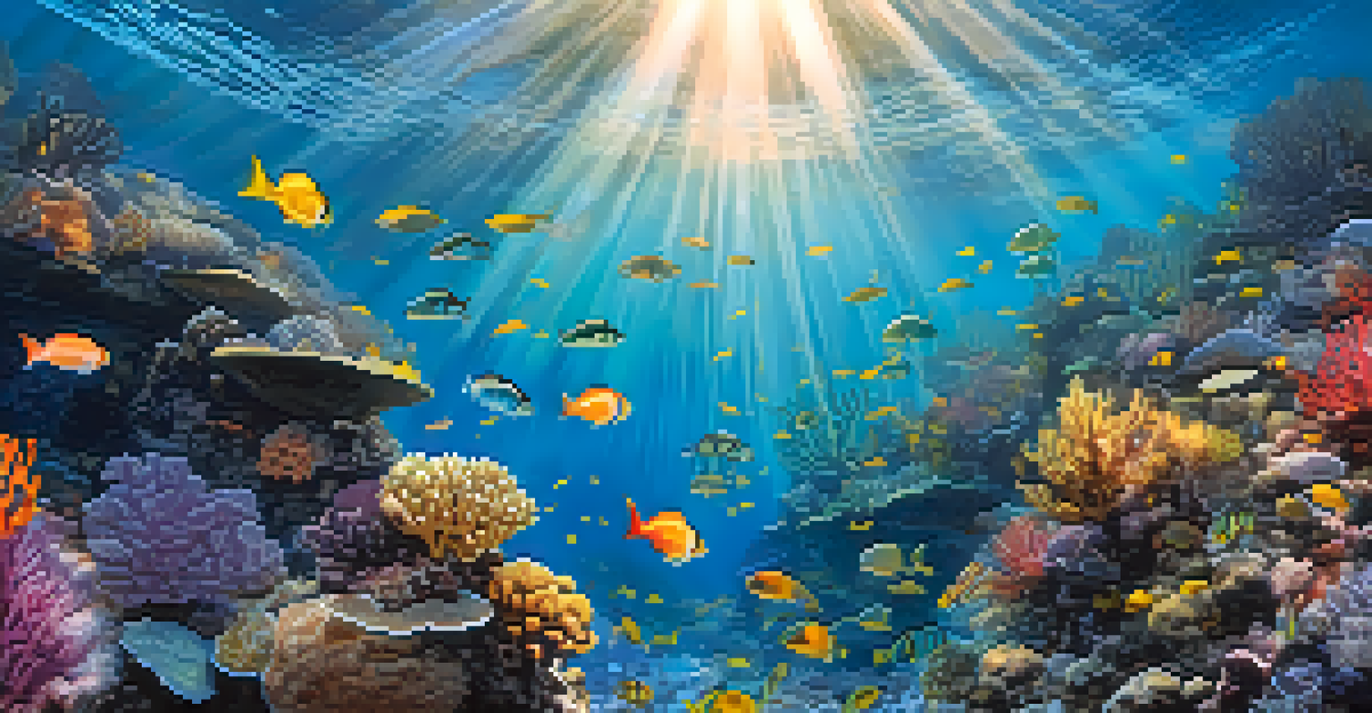 Underwater view from a remotely operated vehicle exploring a coral reef, showcasing colorful corals, fish, and sunlight filtering through the water.