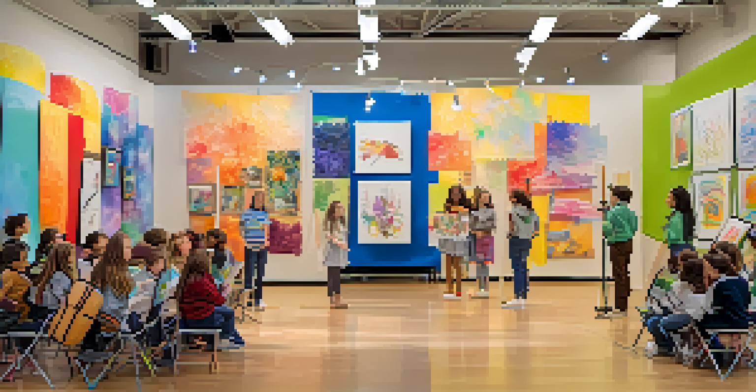 An arts showcase featuring student artwork and a musical performance, with a festive atmosphere and community engagement.