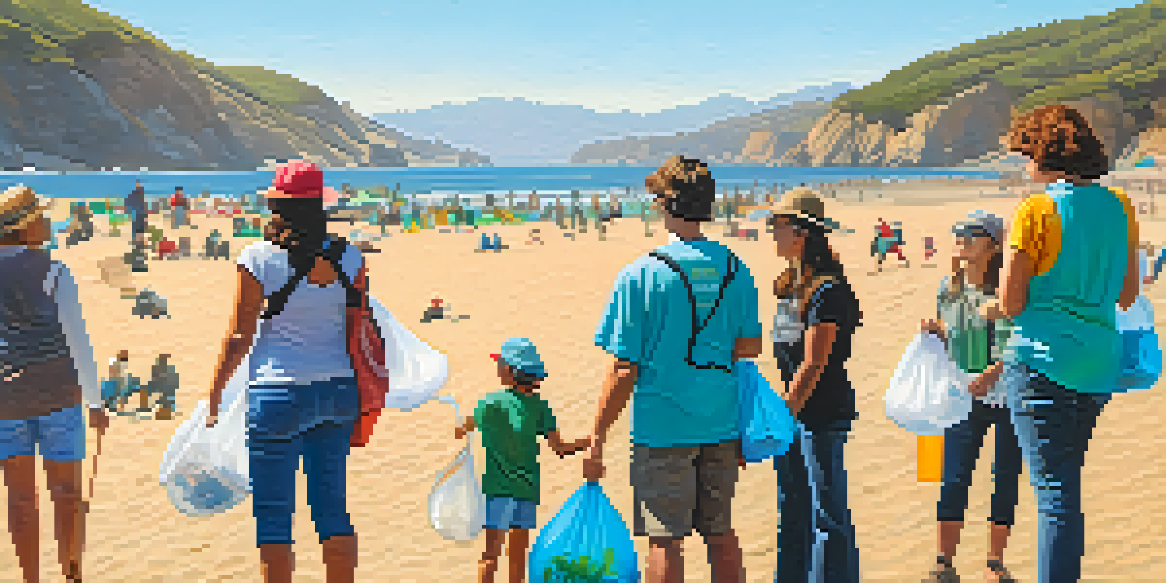 A group of community activists cleaning the beach in Malibu, with the ocean and hills in the background.