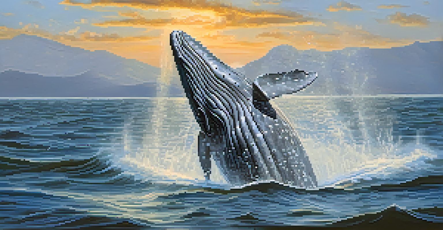 A close-up of a gray whale breaching the ocean surface near Malibu, with splashes of water and a beautiful sunset in the background.