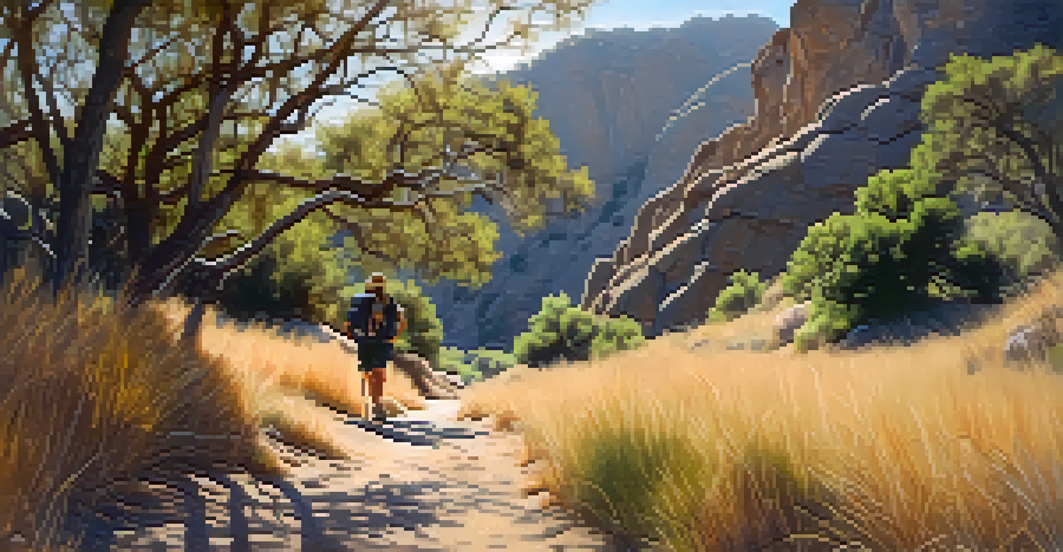 A peaceful view of Malibu Creek State Park with rock formations, a winding trail, and a hiker amidst sunlight filtering through trees.