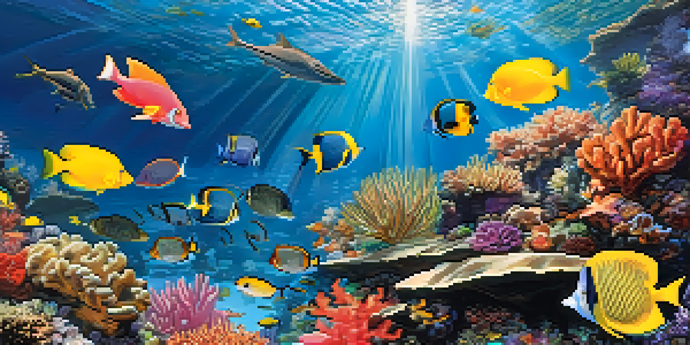 An underwater coral reef teeming with colorful fish and corals, illuminated by sunlight.