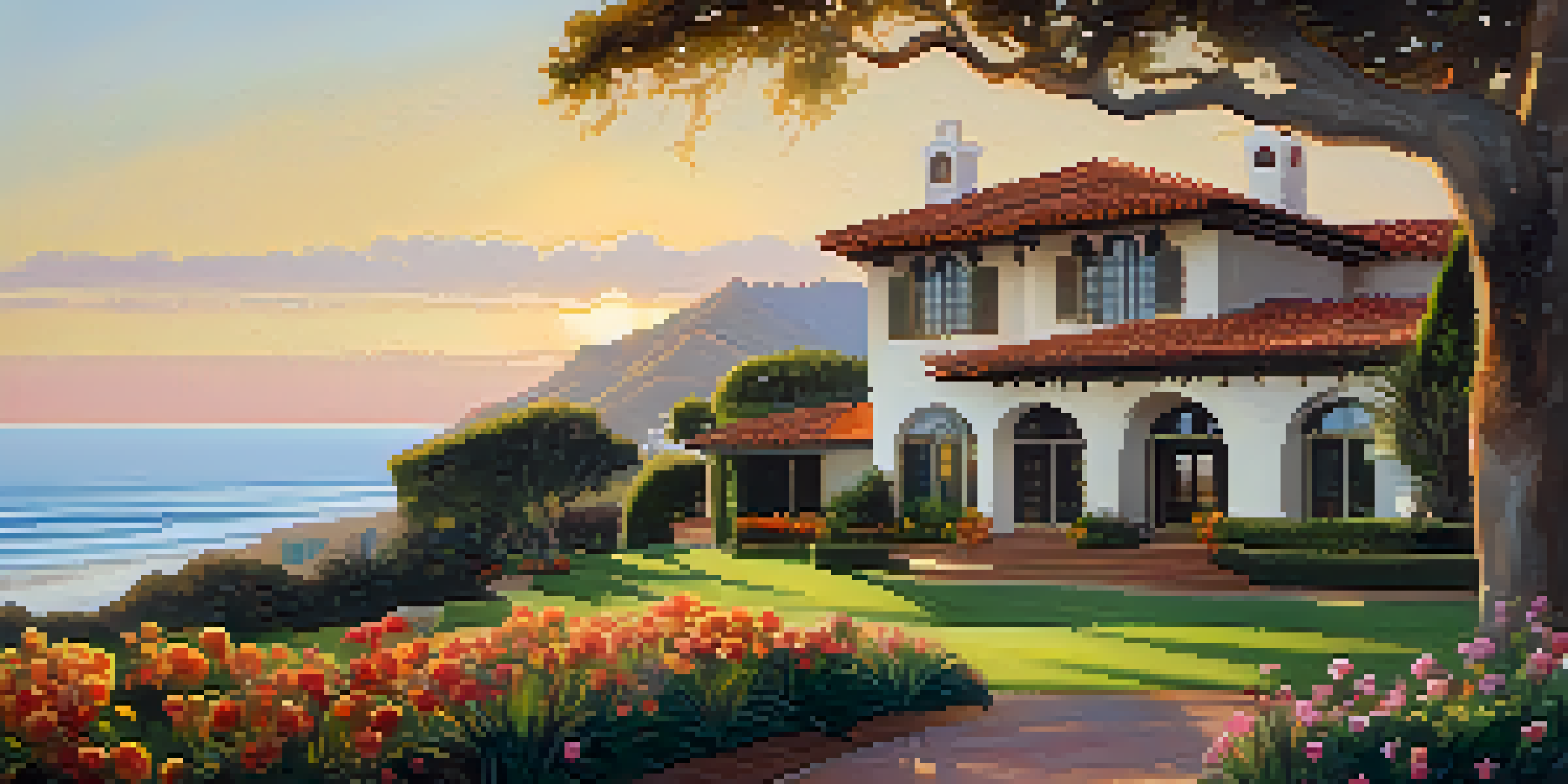 A scenic view of the Adamson House with Spanish Revival architecture, surrounded by gardens and the ocean in the background during sunset.