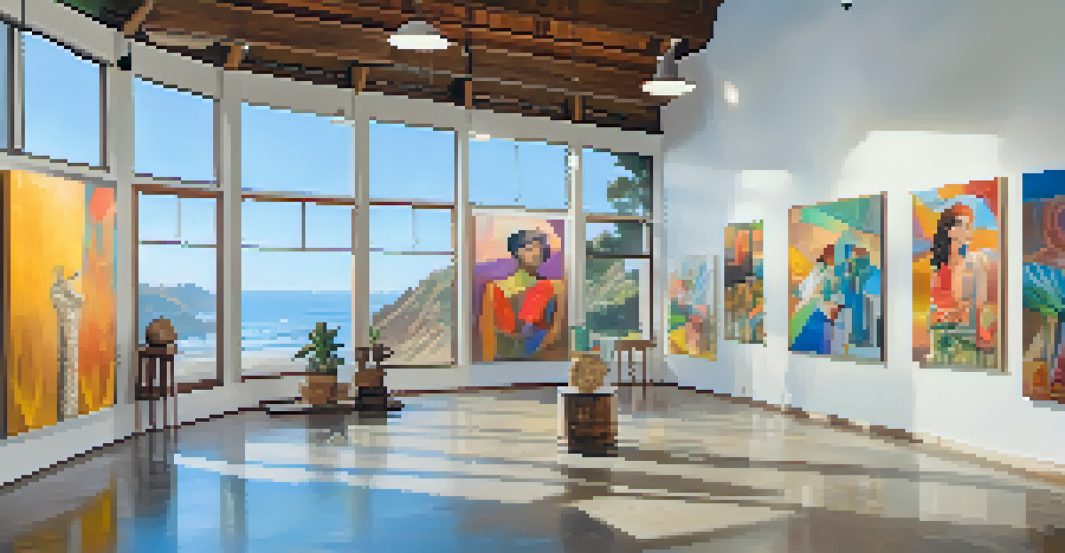 An art gallery in Malibu featuring colorful artwork and visitors interacting with artists.