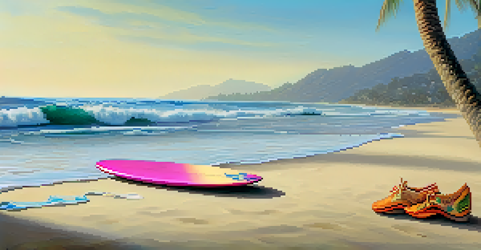 Close-up of a colorful surfboard on the sandy beach with surf wax and surf booties, with ocean waves in the background.