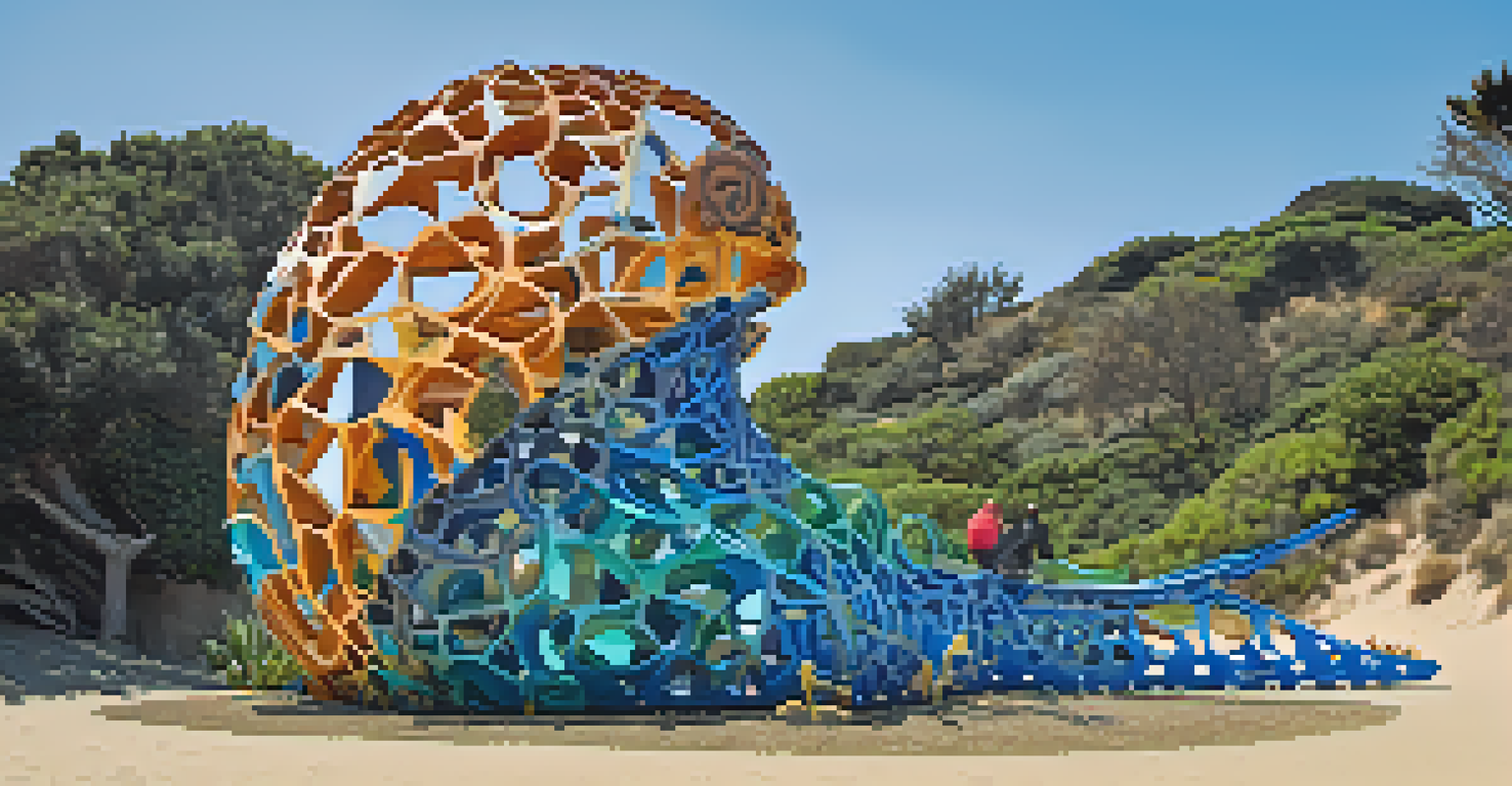 A colorful outdoor sculpture at Malibu Lagoon State Beach, surrounded by nature and the ocean in the background.