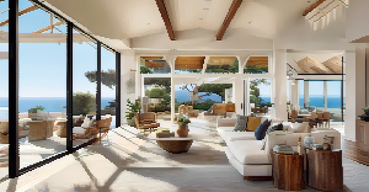 Interior of a luxurious Malibu home with an open floor plan, natural light, chic furnishings, and views of gardens and the ocean.