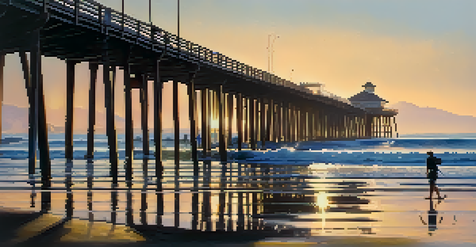 Malibu Pier at dawn with surfers and mountains in the background.