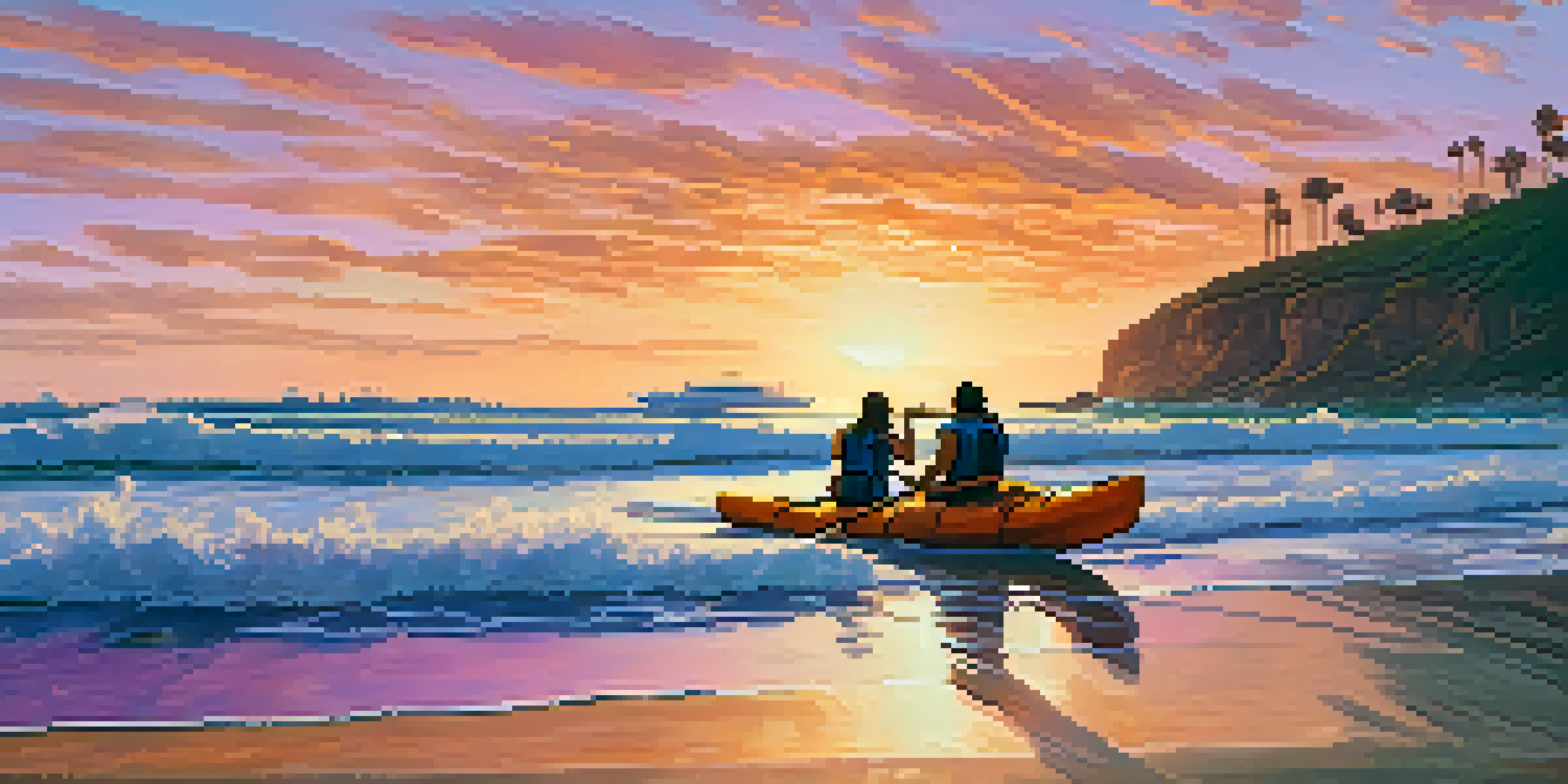 A peaceful sunset over the ocean in Malibu with kayakers observing dolphins, surrounded by green cliffs.