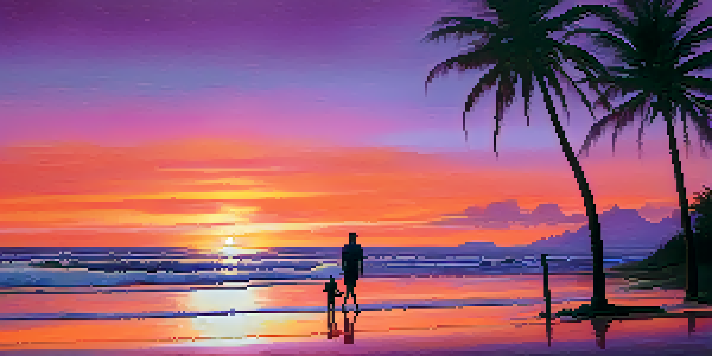 A couple walking hand in hand on a beach at sunset, with colorful sky and silhouettes of palm trees.