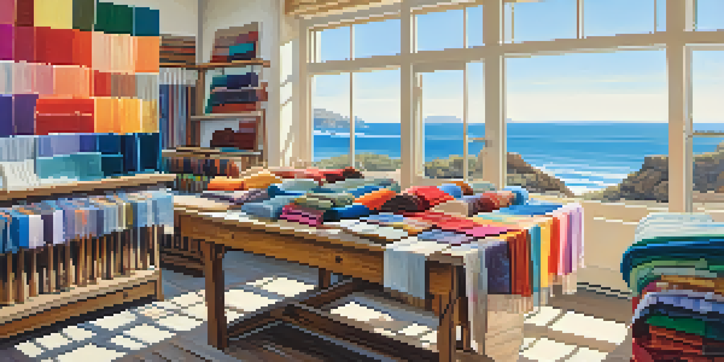 A bright and colorful textile artist's studio filled with various fabrics and materials, with sunlight streaming through large windows and a view of the ocean outside.