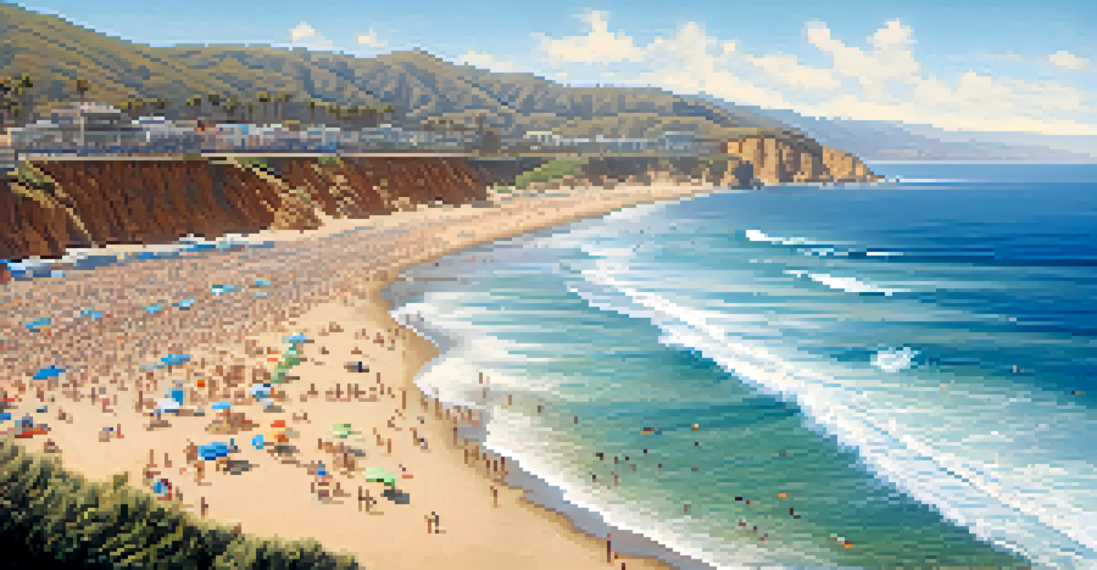 Aerial view of Malibu coastline with surfers and a busy beach during a surf competition.